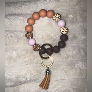 Beaded Wristlet Keychain with Tassel - Brown, Tan & Lilac